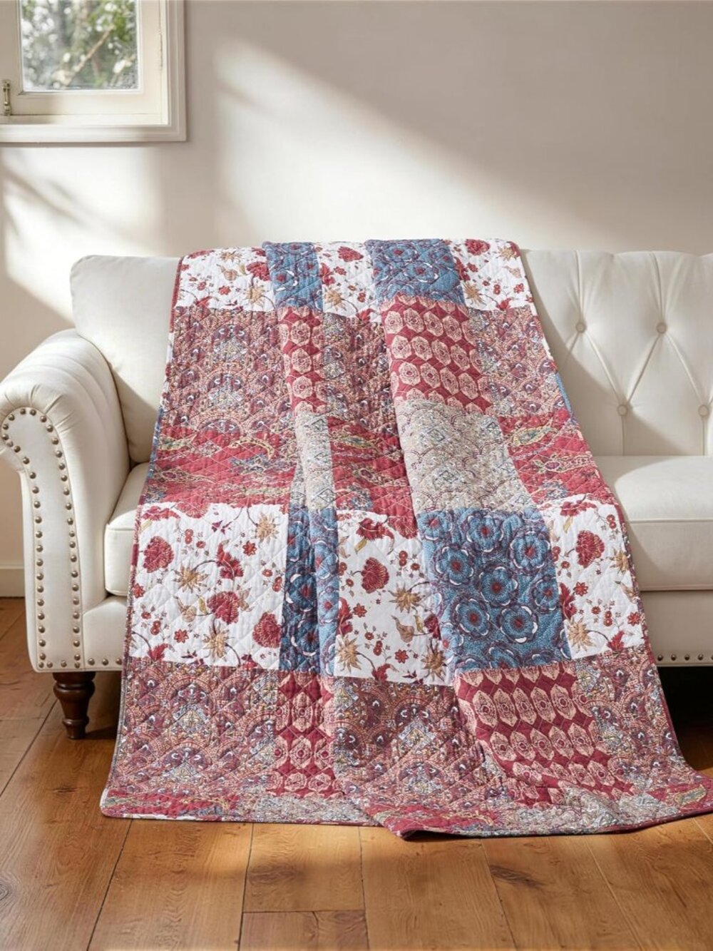 Rowan 1-Piece Printed Patchwork Throw, Quilted Blanket with Vintage Floral Paisl